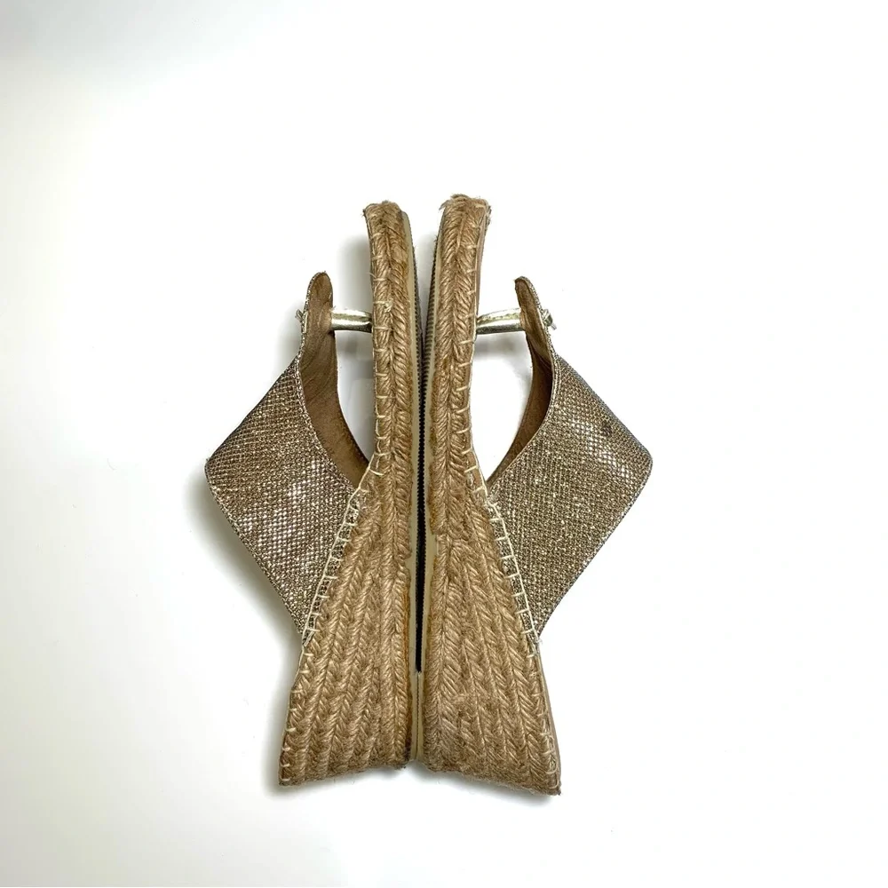 Gold Sparkly Espadrille Wedge Thong Sandal Shimmer Metallic Flip Flop Boho Sz 9